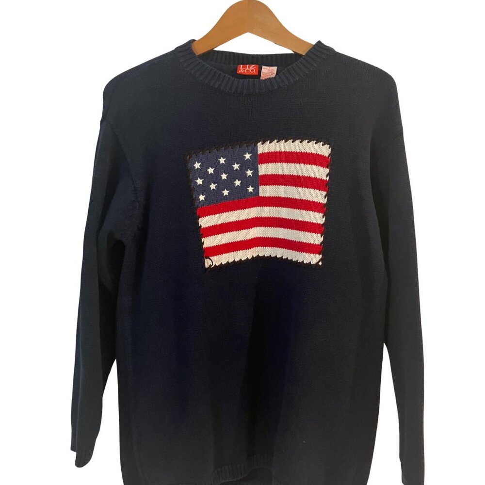 Liz Claiborne Liz&Co Petite Navy Cotton Flag Sweater Size Small - Picture 11 of 11